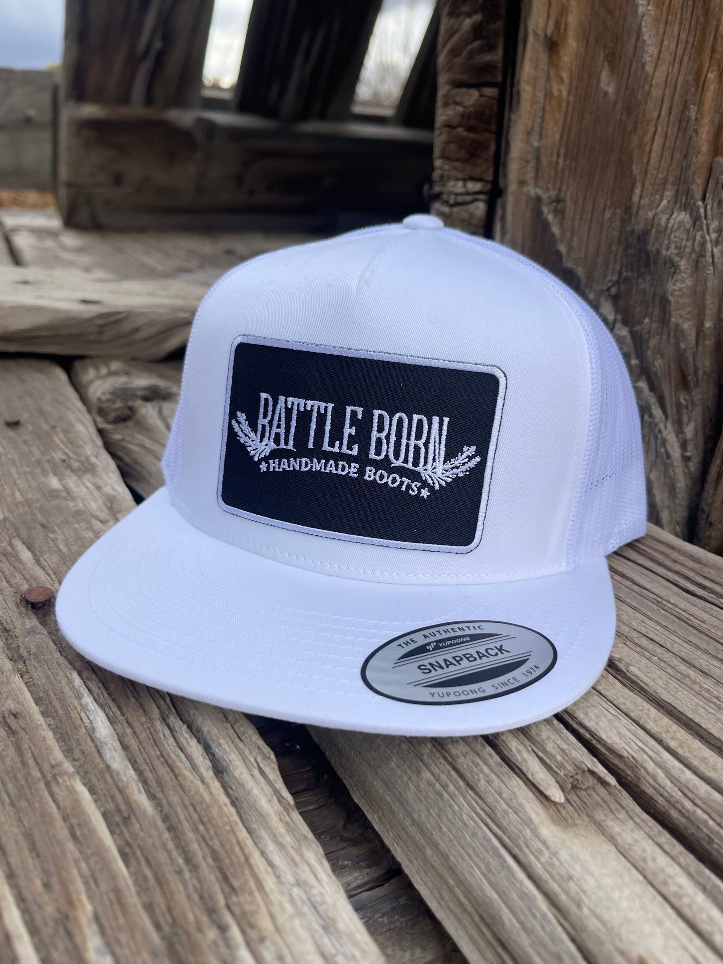 Battle Born Boots Flat Bill Snapback Black on White