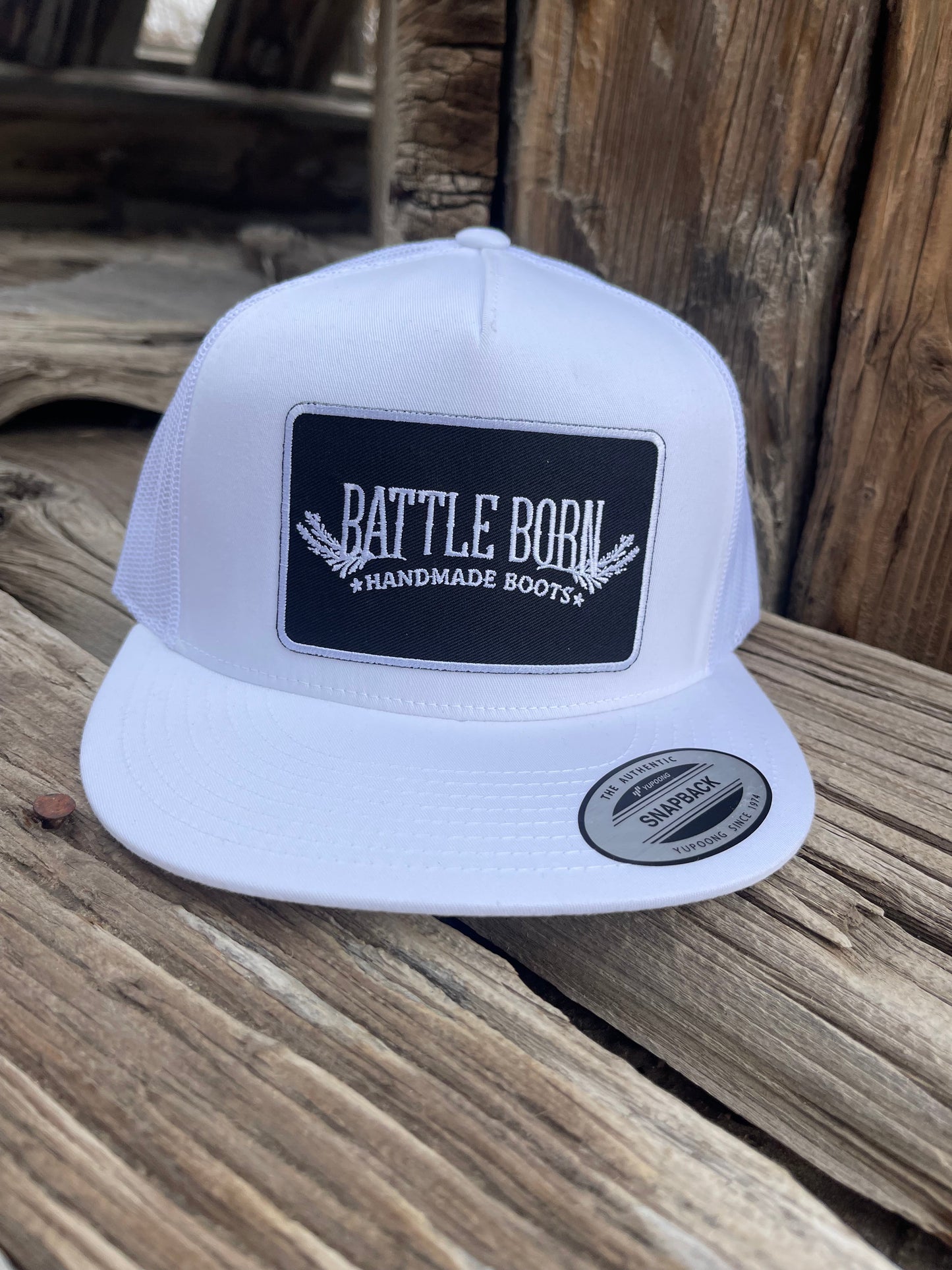 Battle Born Boots Flat Bill Snapback Black on White