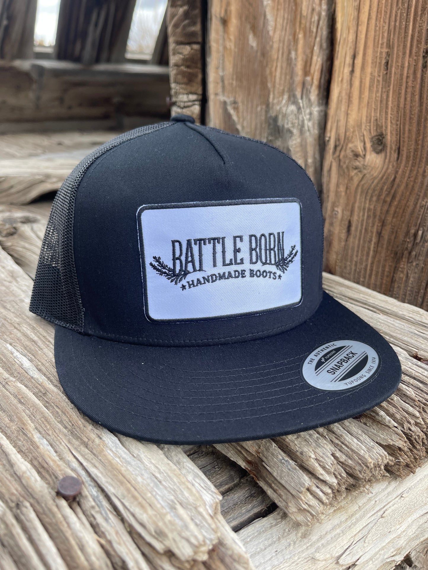 Battle Born Boots Flat Bill Snapback White on Black