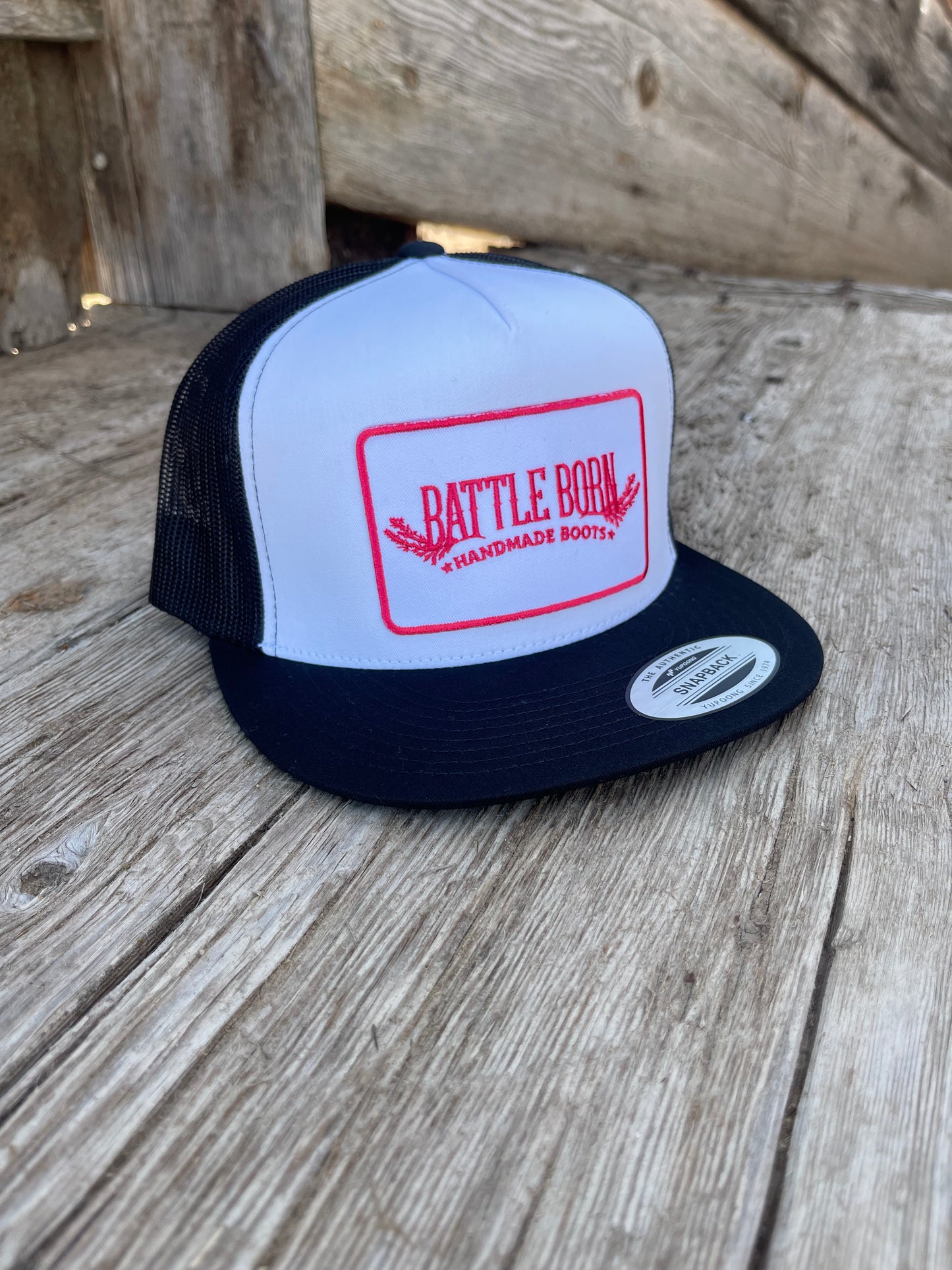 Battle Born Boots Flat Bill Snapback White & Pink Trucker