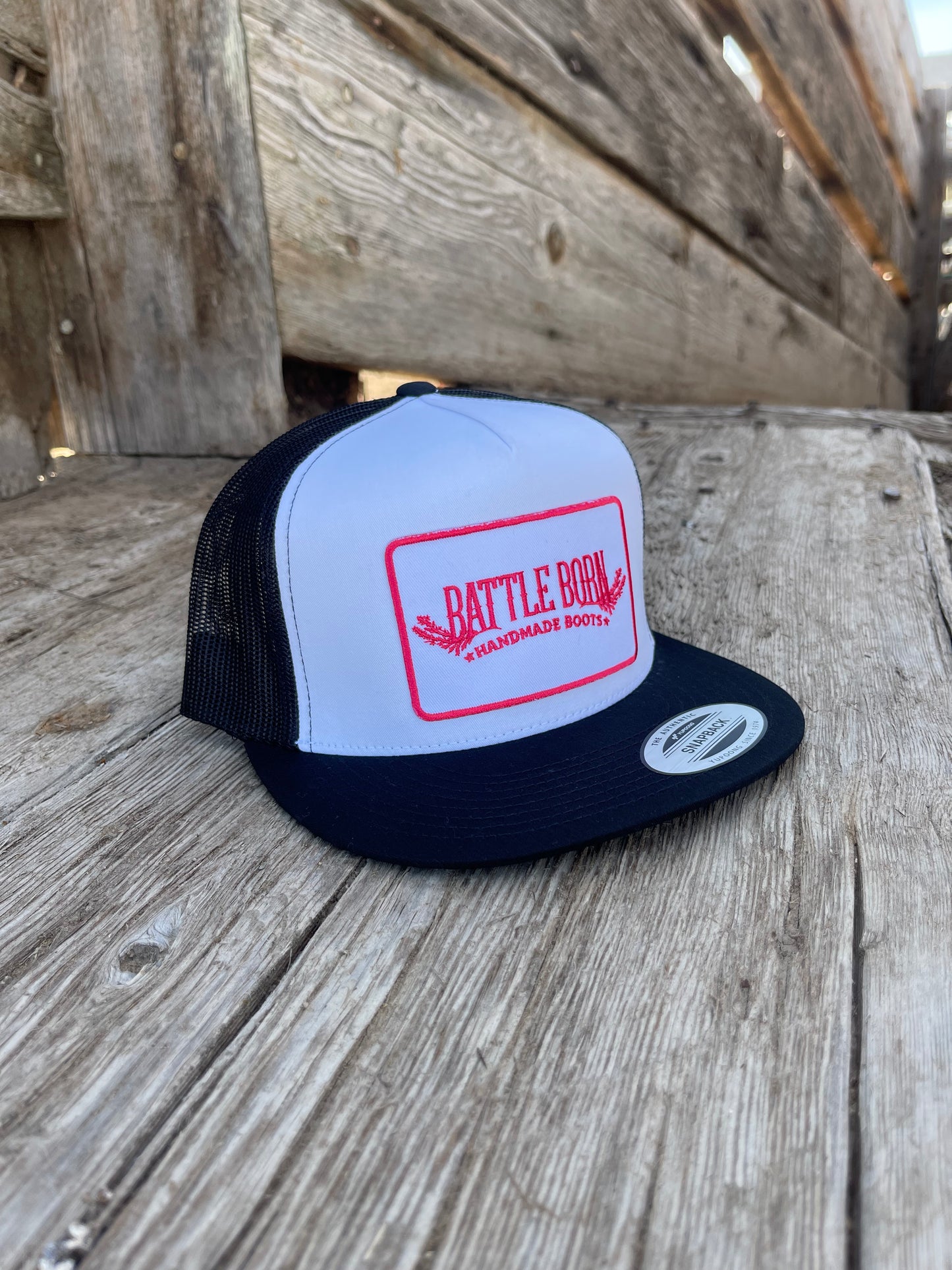 Battle Born Boots Flat Bill Snapback White & Pink Trucker