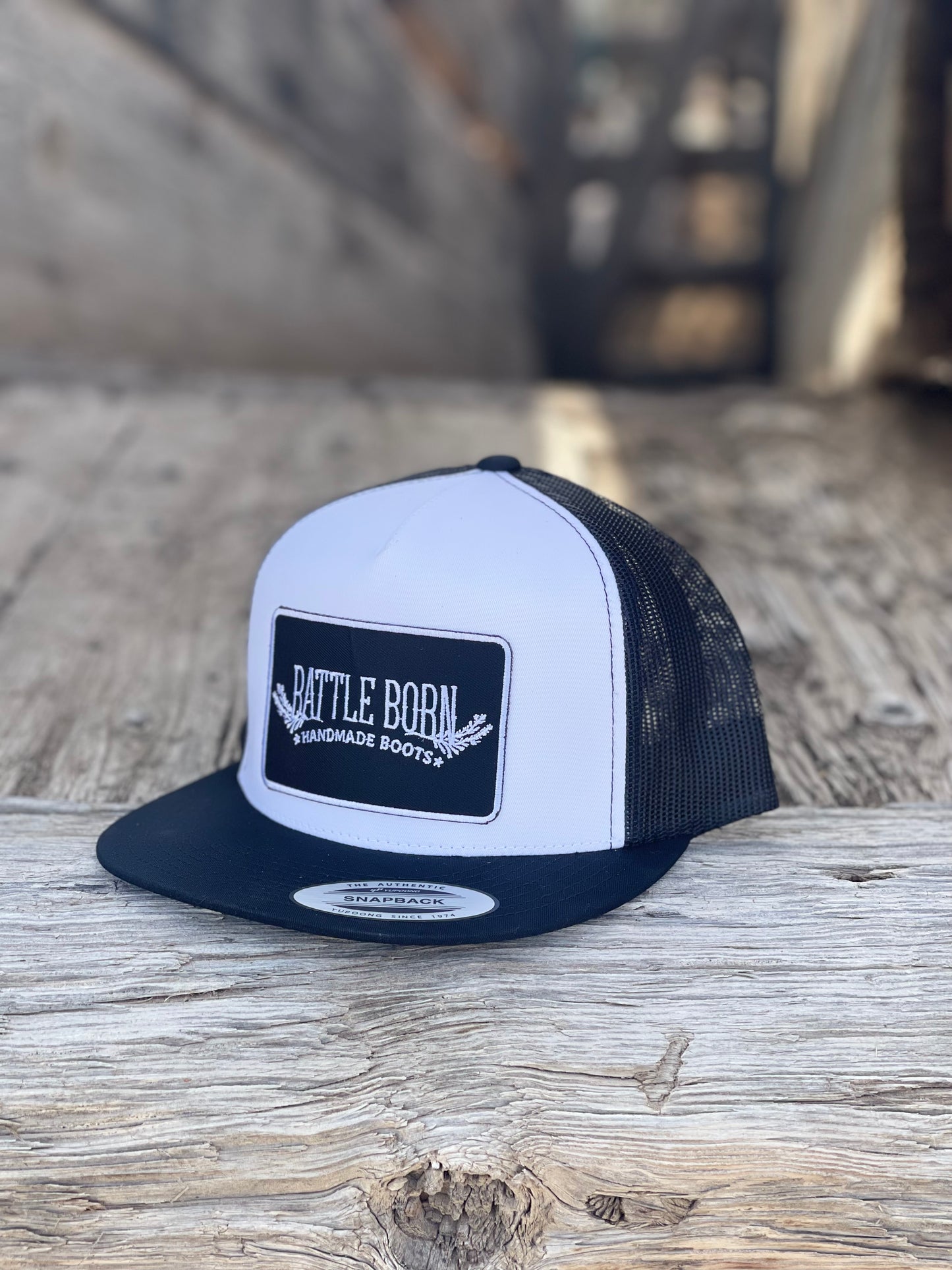 Battle Born Boots Flat Bill Snapback Black on White Trucker